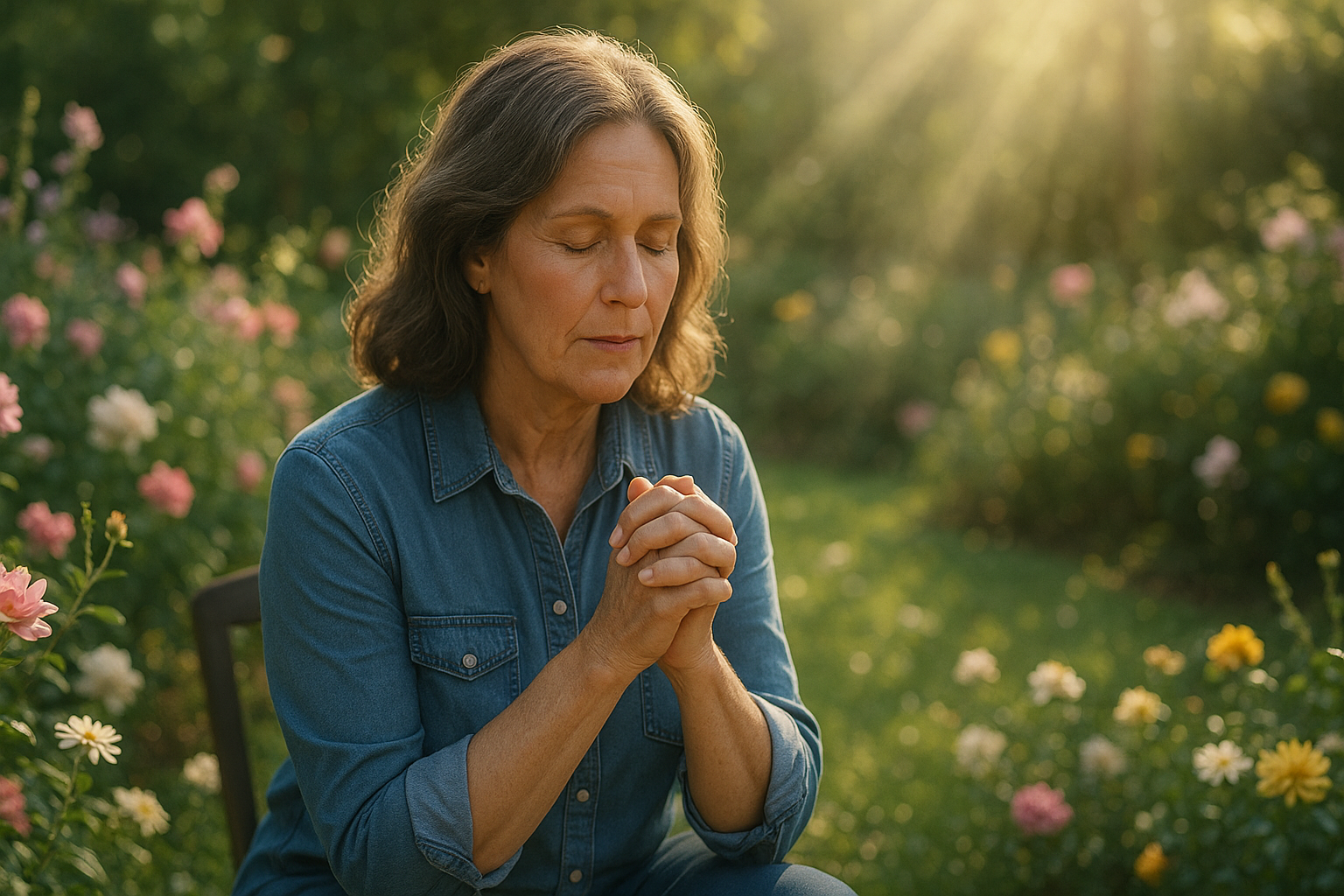a woman sitting on a bench in a garden praying
