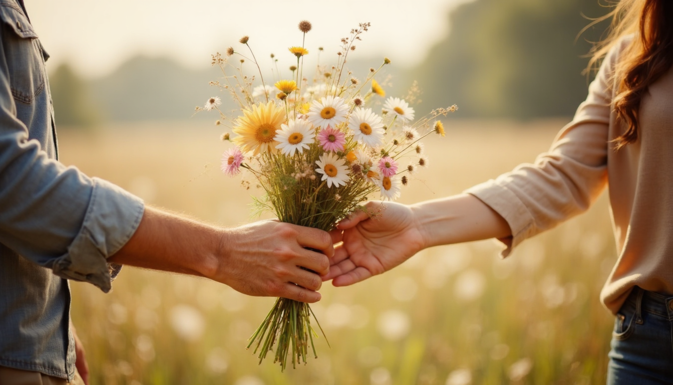 A close-up of hands passing a bouquet of wildflowers from one person to another