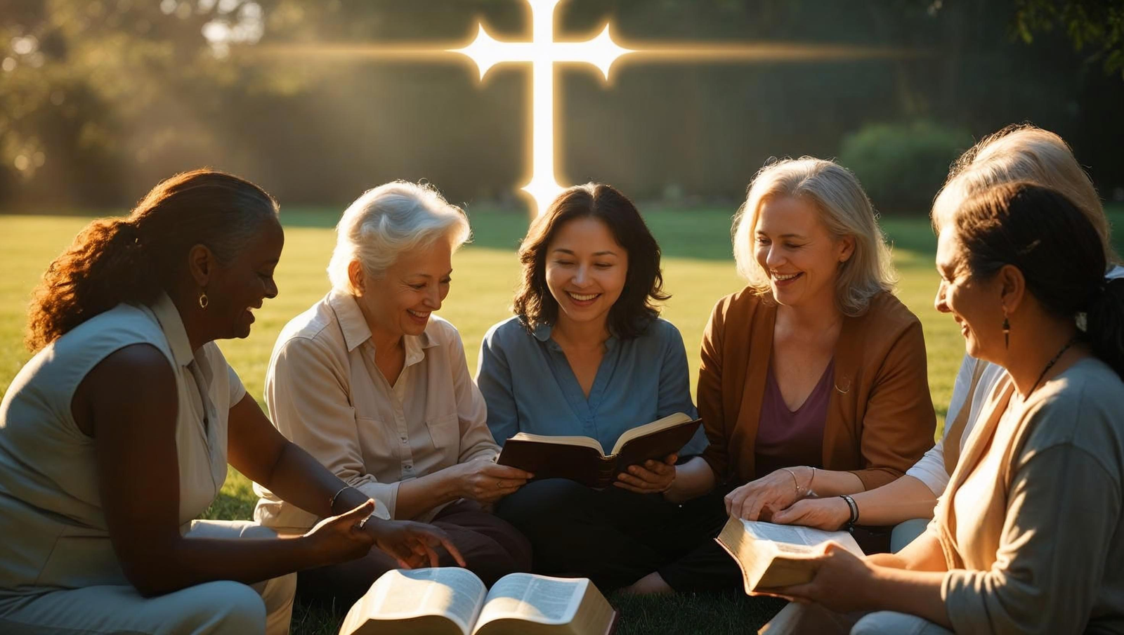 A diverse group of women sitting in a circle outdoors reading the bible