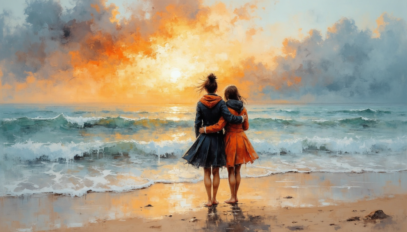 Two people stand on a beach, facing the ocean and sunset with arms around each other