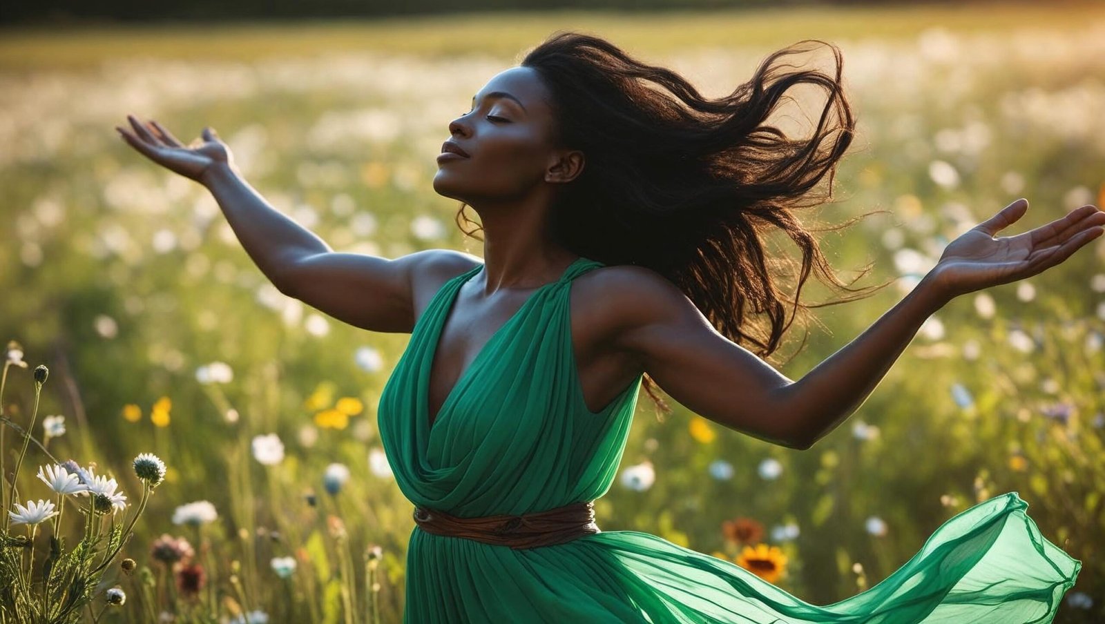 a woman in a green dress standing in a field