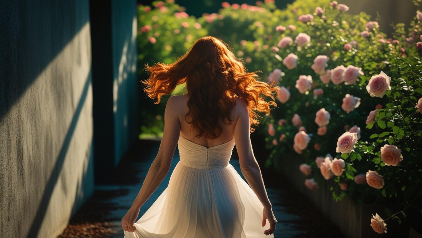 a woman in a white dress walking down a path of roses