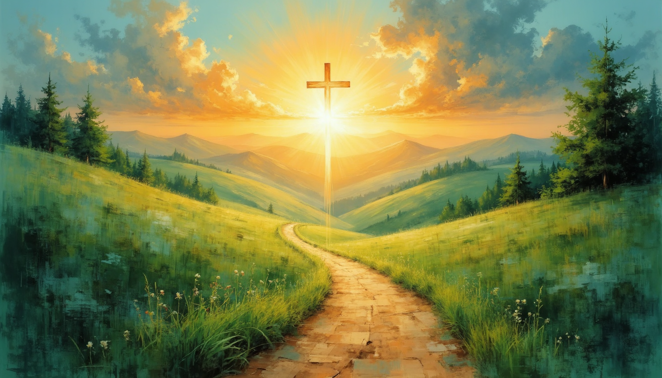 A glowing cross on a hill with a path leading toward it at sunset