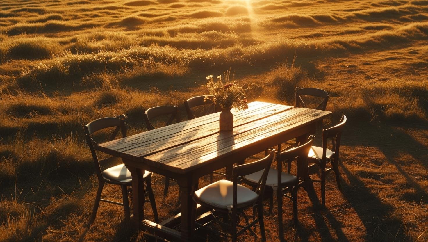 A warm inviting table set in an open field