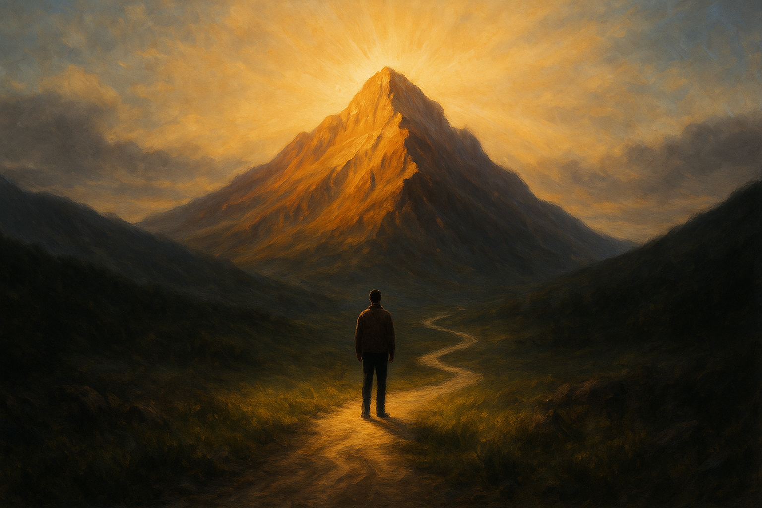 a man standing on a path with a mountain in the background