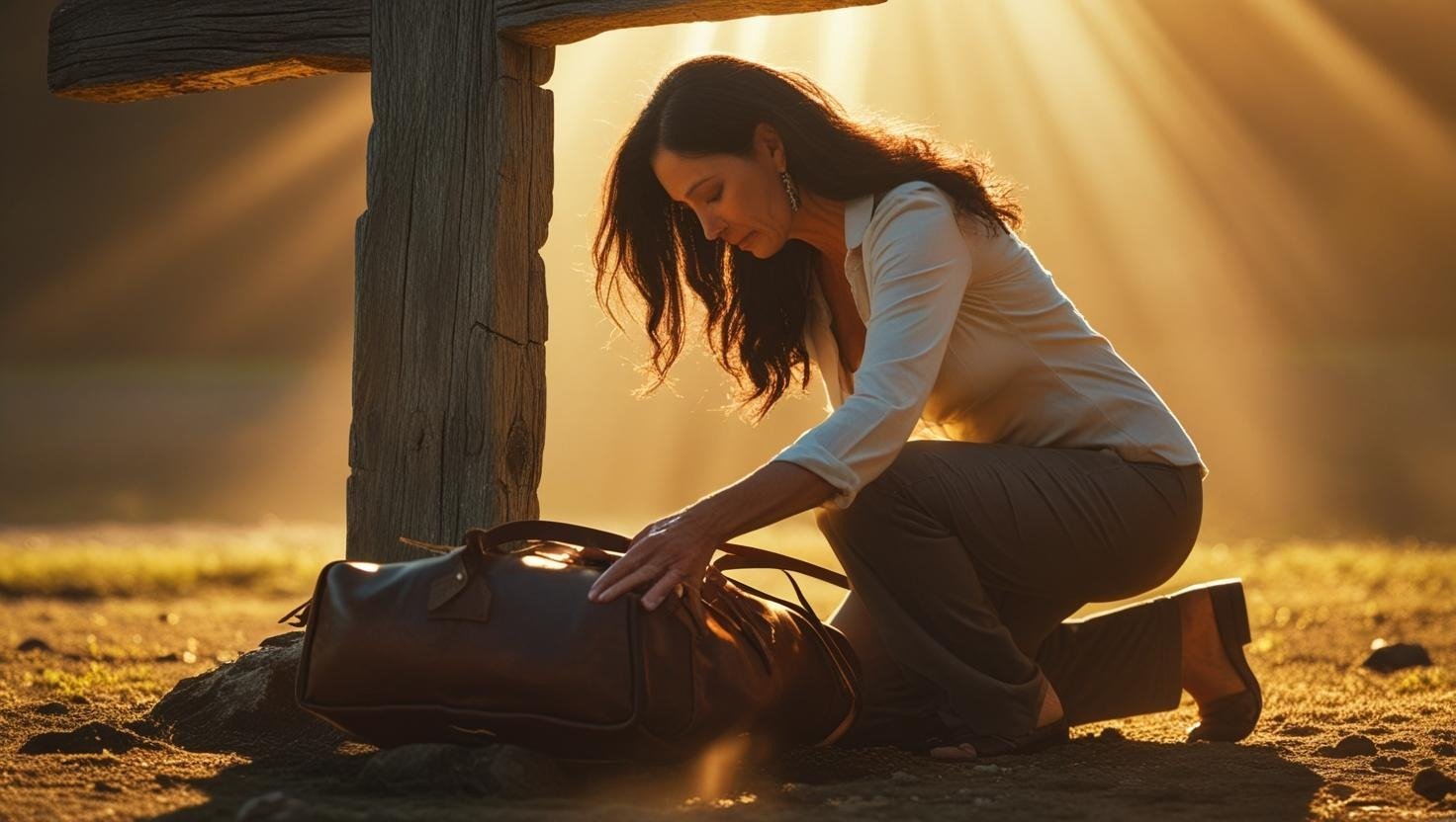 a woman kneeling down to a bag of luggage
