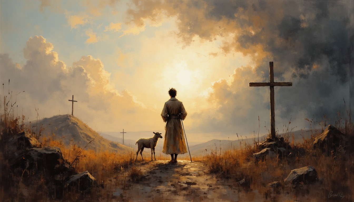 Person with a staff and sheep walking in the valley