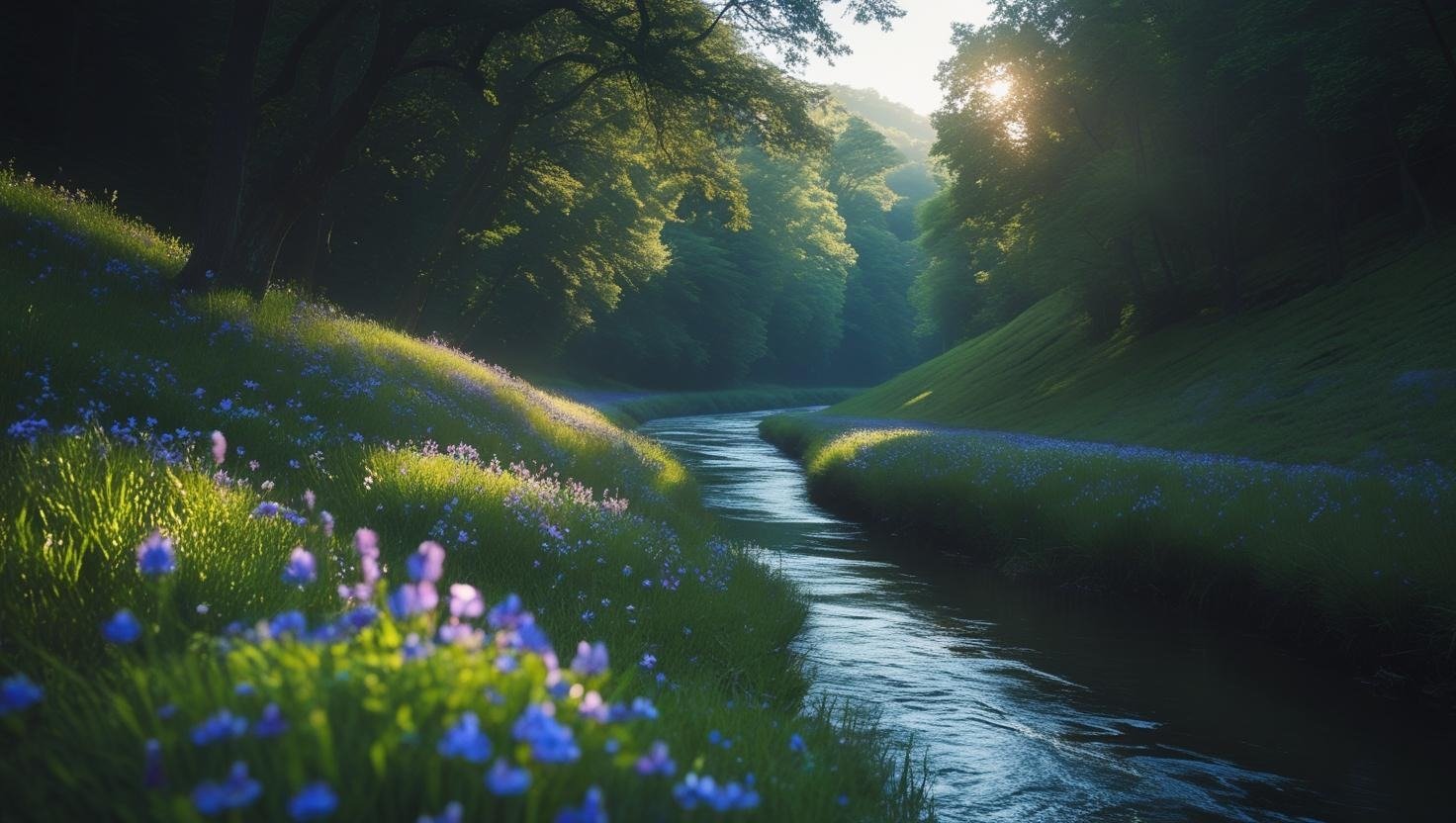 River winding through green hills with purple wildflowers in sunlight.