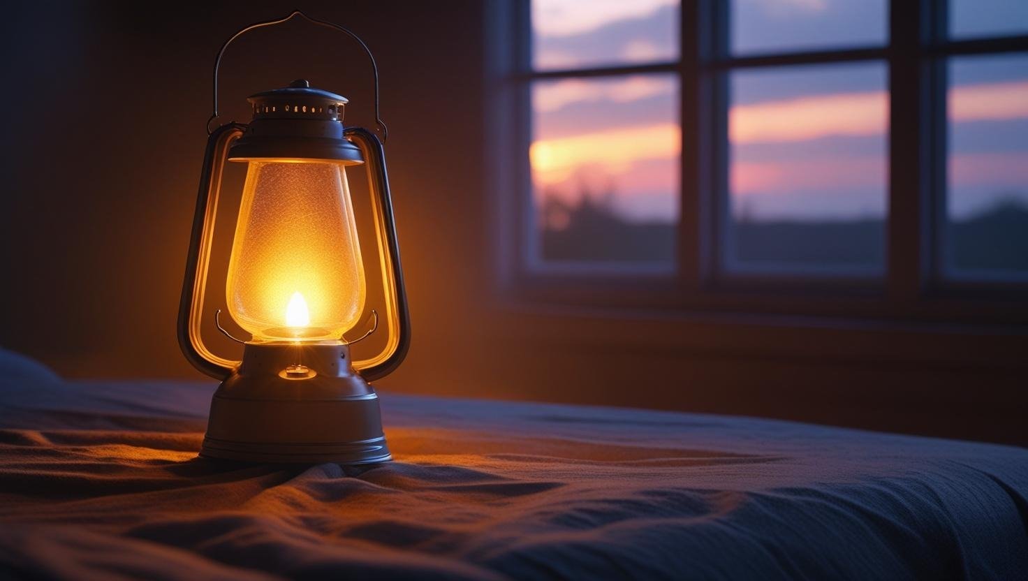 a lantern light up in a bedroom with a window