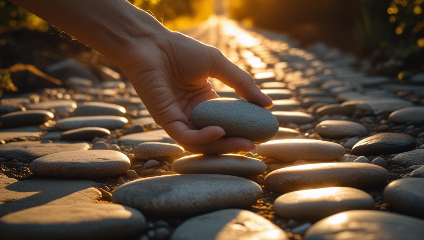 a person holding a stone balancing on a rock