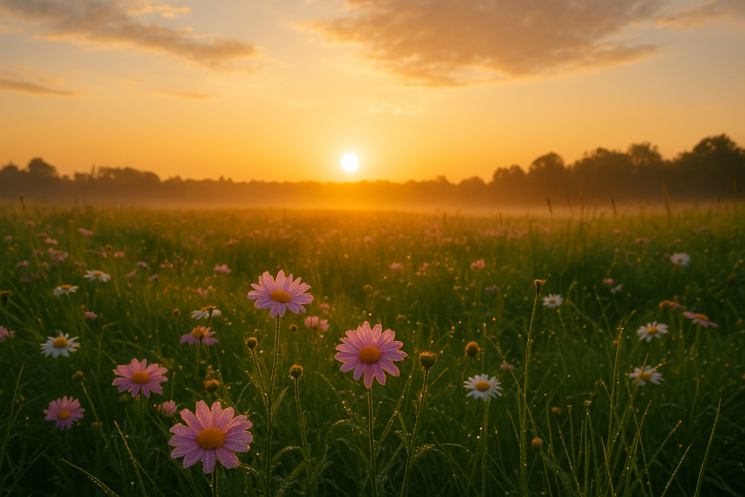 a field with flowers and a sunset in the background