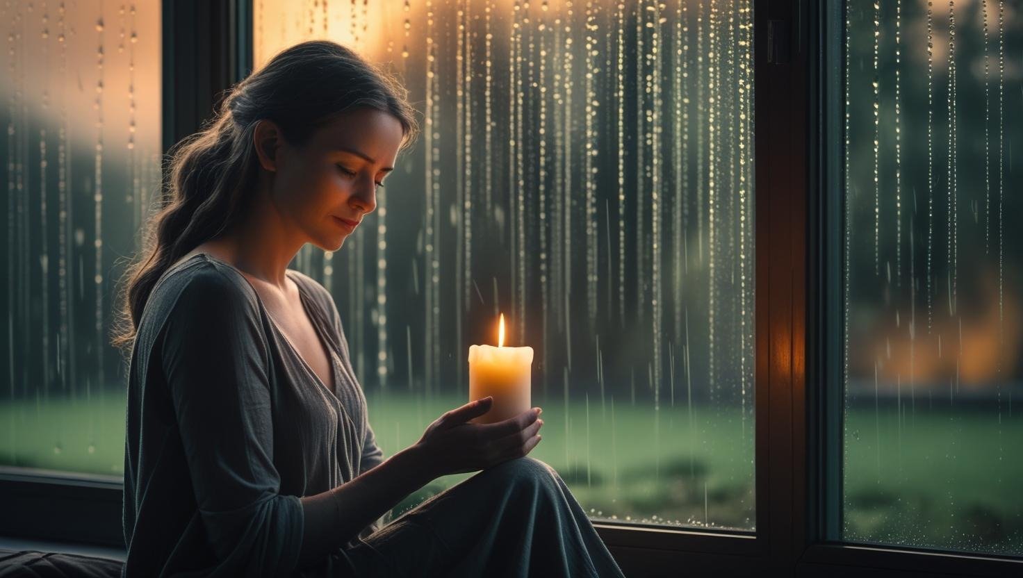 a woman holding a candle in front of a window