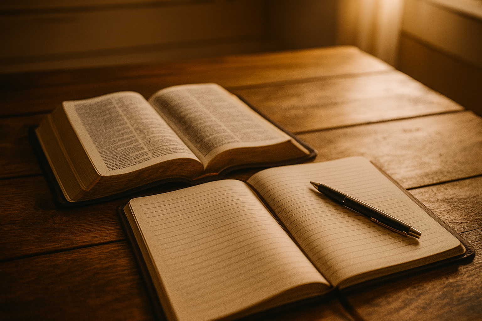 an open notebook, bible, and pen on the table