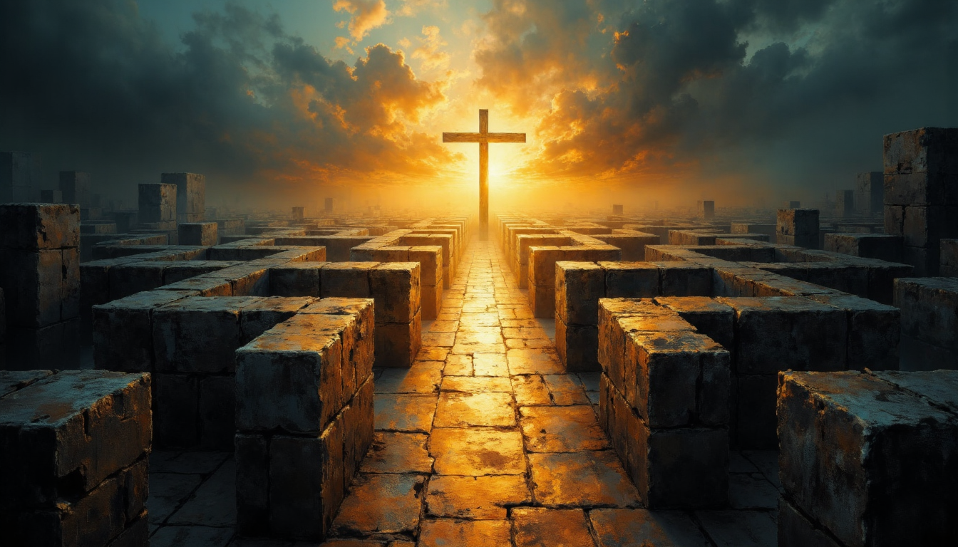 A cross shining brightly at the center of a dark maze