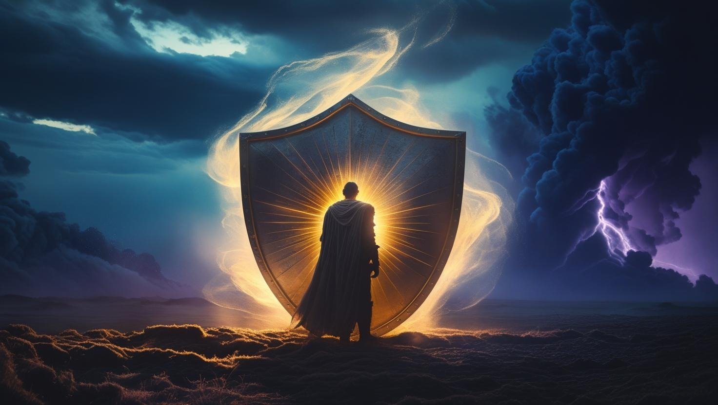 a man in a cloak with a shield