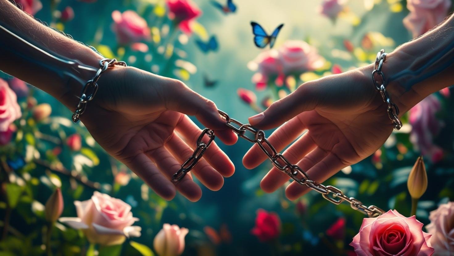 two hands holding chains linked with chains