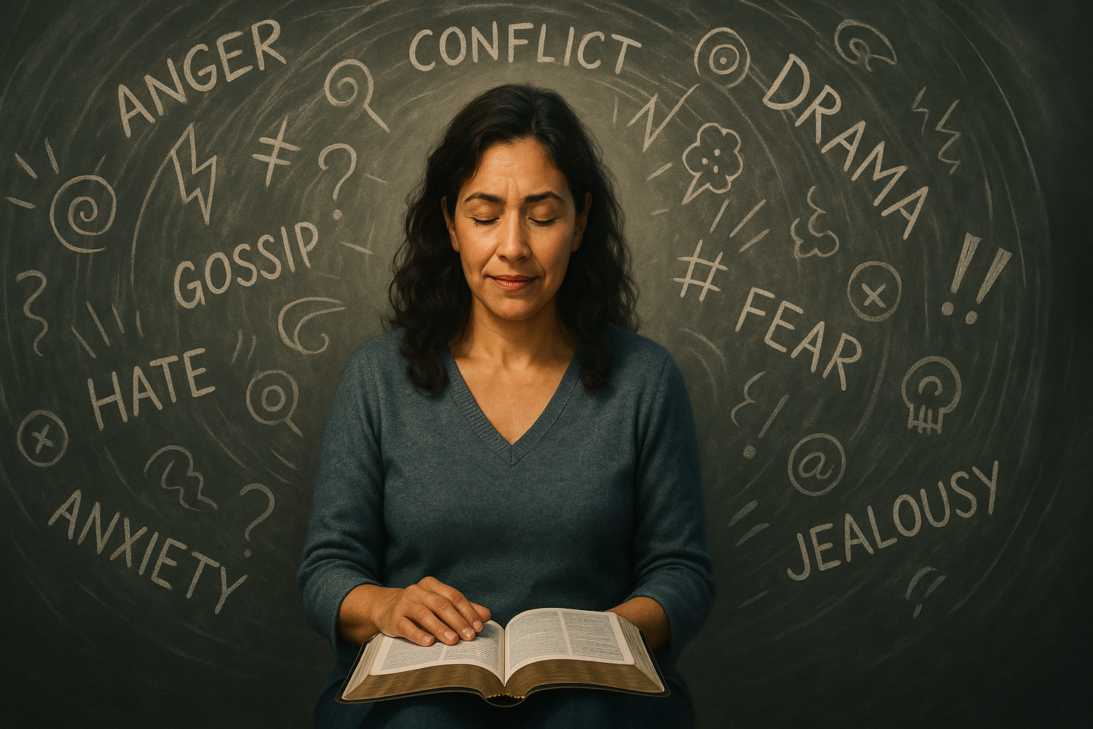 A woman sitting calmly with open Bible in the center of a whirlwind of chaotic words