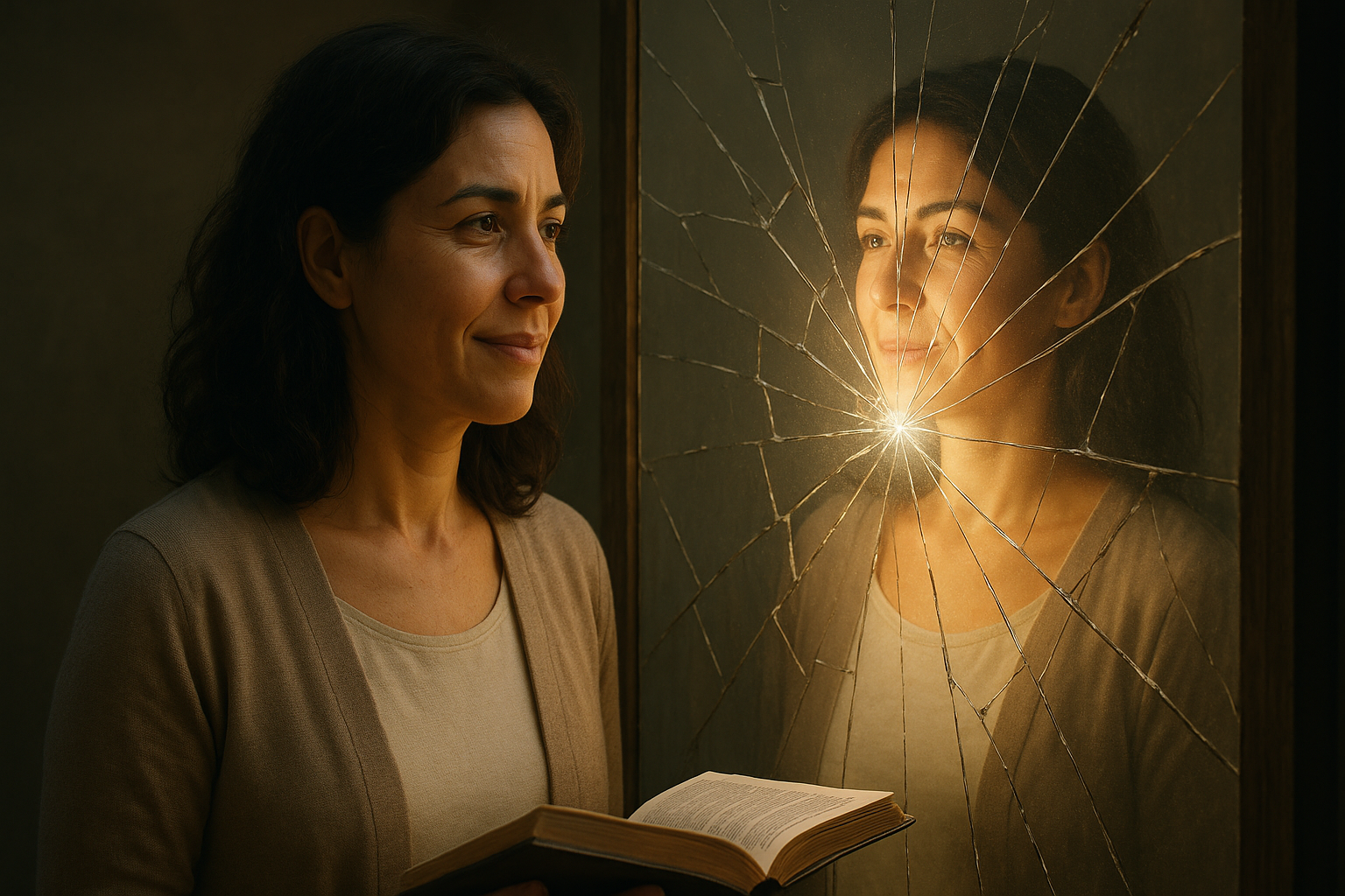 woman looking at her reflection in the broken mirror