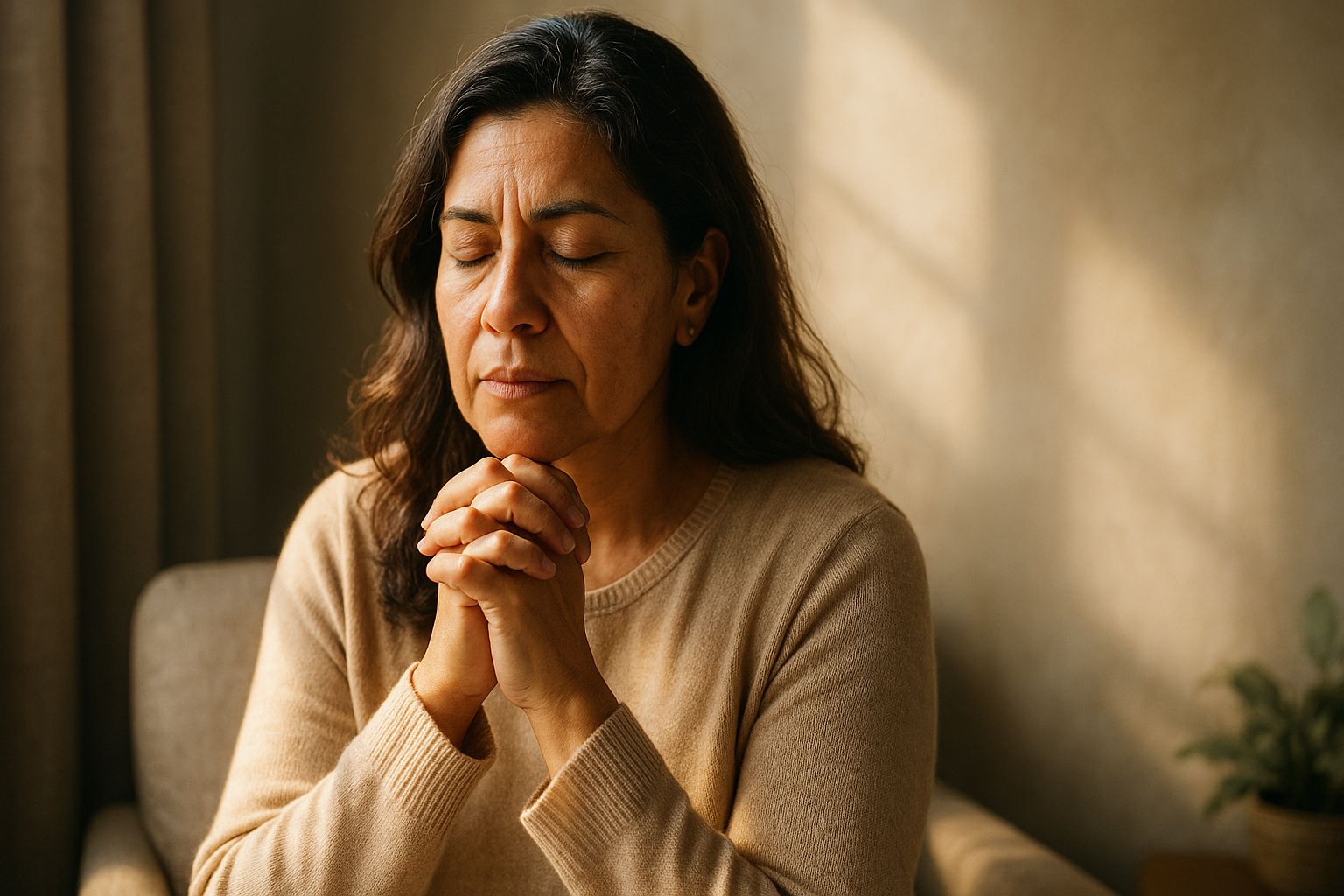 a woman praying inside a room